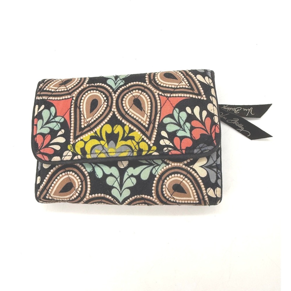 Vera Bradley Quilted Cotton Trifold Wallet Paisley Floral Black Orange Teal
